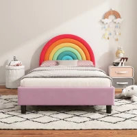 Rainbow Design Upholstered Twin Platform Bed, Cute Style Princess Bed for Boys & Girls, Sturdy Construction, No Box Spring Needed, Kids-Friendly, 80.3”L x 41.33”W x 38”H, Colorful+Pink(m-1)