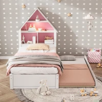 Twin Size House-Shaped Bed with Bookcase Headboard, LED Light, and Trundle for Kids, Solid Pine and MDF Construction, White+Pink(m-1)
