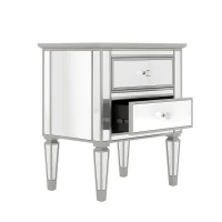 Elegant Mirrored Side Table with 2 Drawers, Modern Silver Finish, Crystal Handles, and Arrow-Shape Legs, 24" x 18.1" x 28.3", Silver(m-2)