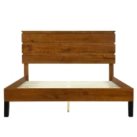 Mid-Century Modern Solid Wood Queen Bed Frame with Three-Piece Headboard, No Box Spring Needed, Easy Assembly, Brown(m-7)