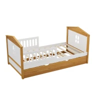 Twin Size House Shape Bed with Trundle, Wooden Bed Frame for Kids, No Box Spring Needed, Pine Wood and MDF, 78.1”L X 42.3”W X 37.2”H, White+Walnut(m-7)