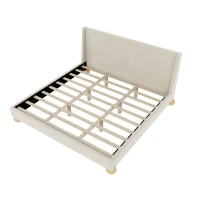 Vinsetto Modern King Size Velvet Upholstered Platform Bed with Wingback Headboard and Round Wooden Legs, No Box Spring Needed, 85”L X 82.7”W X 42.9”H, Cream(m-5)