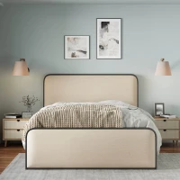 Vinsetto Modern King Size Metal Bed Frame with Curved Upholstered Headboard and Footboard, Under Bed Storage, Heavy Duty Metal Slats, Beige(m-1)