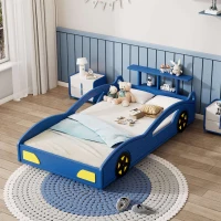 Car-Shaped Platform Twin Bed with Wheels and Storage Space, Safety Rails, Wooden Race Car Bed, 77.6" x 41.3" x 20.6", Blue(m-1)