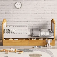 Twin Size House Shape Bed with Two Drawers, Wooden Bed Frame for Kids, No Box Spring Needed, 78.1”L x 42.3”W x 37.2”H, White+Walnut(m-1)