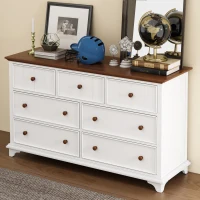 Wooden Captain Seven-Drawer Dresser for Bedroom, Living Room, Kids' Room, Solid Pine, Plywood, and MDF, 61" x 19.7" x 34.8", White+Walnut(m-5)
