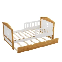 Twin Size House Shape Bed with Trundle, Wooden Bed Frame for Kids, No Box Spring Needed, Pine Wood and MDF, 78.1”L X 42.3”W X 37.2”H, White+Walnut(m-2)