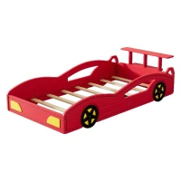 Car-Shaped Platform Twin Bed with Wheels and Storage Space, Safety Rails, and Sturdy Slats, Wooden Race Car Bed, 77.6" x 41.3" x 20.6", Red(m-6)