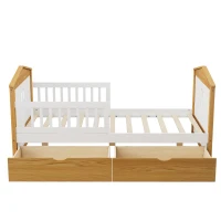 Twin Size House Shape Bed with Two Drawers, Wooden Bed Frame for Kids, No Box Spring Needed, 78.1”L x 42.3”W x 37.2”H, White+Walnut(m-5)