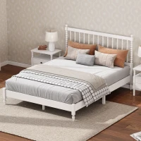Vinsetto King Size Wood Platform Bed with Gourd Shaped Headboard, Sturdy Pinewood Support, No Box Spring Needed, 83.9" x 78.7" x 44.9", Antique White(m-4)