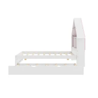 Twin Size House-Shaped Bed with Bookcase Headboard, LED Light, and Trundle for Kids, Solid Pine and MDF Construction, White+Pink(m-9)