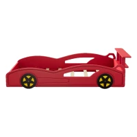 Car-Shaped Platform Twin Bed with Wheels and Storage Space, Safety Rails, and Sturdy Slats, Wooden Race Car Bed, 77.6" x 41.3" x 20.6", Red(m-7)