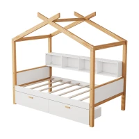 Twin Size Wooden House Bed with Two Drawers and Bookshelf Storage, Pinewood Frame, 80" x 40.5" x 67", White+Natural(m-8)