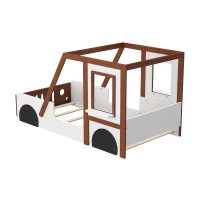 Twin Size Car Bed for Kids, Solid Wood Frame, Fun Play Design with Wheels, Doors, and Windows, 77" x 41.3" x 41.1", White+Orange(m-9)