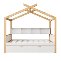 Twin Size Wooden House Bed with Trundle and Bookshelf Storage, Pinewood Frame, 80" x 40.5" x 67", White+Natural(m-8)