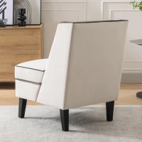 Velvet Upholstered Accent Chair with Black Piping, Thick Padded Cushion, Solid Wood Legs, and Additional Back Pillow, 24.25" x 21" x 26.25", Cream(m-5)