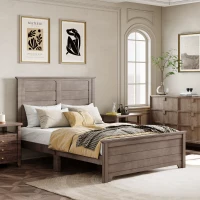 Vinsetto Farmhouse Wooden Platform Queen Size Bed with Panel Design Headboard and Footboard, Sturdy Structure, Easy Assembly, No Box Spring Needed, 84.1" x 64.2" x 51.8", Ash Brown(m-4)