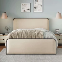 Vinsetto Modern Queen Size Metal Bed Frame with Curved Upholstered Headboard, Under Bed Storage, Heavy Duty Metal Slats, Beige(m-1)