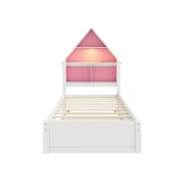 Twin Size House-Shaped Bed with Bookcase Headboard, LED Light, and Trundle for Kids, Solid Pine and MDF Construction, White+Pink(m-7)