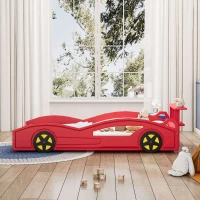 Car-Shaped Platform Twin Bed with Wheels and Storage Space, Safety Rails, and Sturdy Slats, Wooden Race Car Bed, 77.6" x 41.3" x 20.6", Red(m-5)