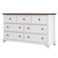Wooden Captain Seven-Drawer Dresser for Bedroom, Living Room, Kids' Room, Solid Pine, Plywood, and MDF, 61" x 19.7" x 34.8", White+Walnut(m-7)