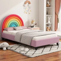 Rainbow Design Upholstered Twin Platform Bed, Cute Style Princess Bed for Boys & Girls, Sturdy Construction, No Box Spring Needed, Kids-Friendly, 80.3”L x 41.33”W x 38”H, Colorful+Pink(m-5)