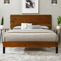 Mid-Century Modern Solid Wood King Bed Frame with Three-Piece Headboard, No Box Spring Needed, Easy Assembly, Brown(m-4)