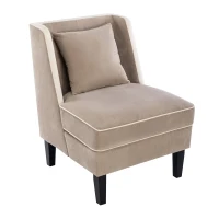 Velvet Upholstered Accent Chair with Cream Piping, Thick Padded Cushion, Solid Wood Legs, and Additional Back Pillow, Tan(m-2)