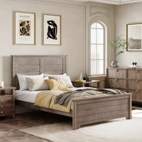 Vinsetto Farmhouse Wooden Platform Full Size Bed with Panel Design Headboard and Footboard, Sturdy Structure, Easy Assembly, 78.9" L x 57.9" W x 51.8" H, Ash Brown(m-4)