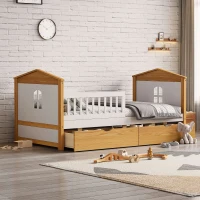 Twin Size House Shape Bed with Two Drawers, Wooden Bed Frame for Kids, No Box Spring Needed, 78.1”L x 42.3”W x 37.2”H, White+Walnut(m-4)