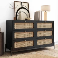 Modern Cannage Rattan Wood Closet 6-Drawer Dresser, Storage Cabinet Sideboard for Bedroom, Living Room, Entryway, Hallway, 47" x 15.7" x 30", Black(m-1)