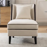 Velvet Upholstered Accent Chair with Black Piping, Thick Padded Cushion, Solid Wood Legs, and Additional Back Pillow, 24.25" x 21" x 26.25", Cream(m-1)