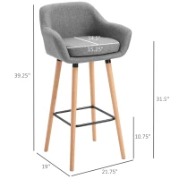 HOMCOM Modern Upholstered Fabric Seat Bar Stools Chairs Set of 2 with Metal Frame, Solid Wood Legs Living Room Dining Room Furniture Grey(m-3)