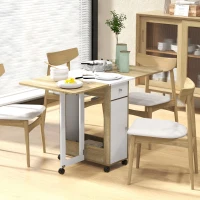 HOMCOM Foldable Dining Table, Movable Drop Leaf Table for Small Spaces with 2 Drawers, Cabinet and Caster Wheels, Folding Table for Kitchen, Dining Room, Oak(m-1)