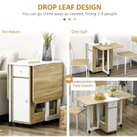 HOMCOM Foldable Dining Table, Movable Drop Leaf Table for Small Spaces with 2 Drawers, Cabinet and Caster Wheels, Folding Table for Kitchen, Dining Room, Oak(m-4)