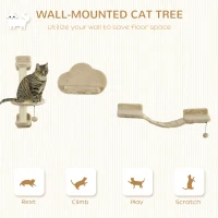 PawHut 3 PCs Cat Wall Climber with Scratching Post, Ladder, Perches, Cloud-Shaped Cat Shelves, Beige(m-4)