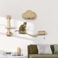 PawHut 3 PCs Cat Wall Climber with Scratching Post, Ladder, Perches, Cloud-Shaped Cat Shelves, Beige