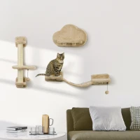 PawHut 3 PCs Cat Wall Climber with Scratching Post, Ladder, Perches, Cloud-Shaped Cat Shelves, Beige(m-1)