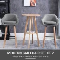 HOMCOM Modern Upholstered Fabric Seat Bar Stools Chairs Set of 2 with Metal Frame, Solid Wood Legs Living Room Dining Room Furniture Grey(m-4)