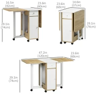HOMCOM Foldable Dining Table, Movable Drop Leaf Table for Small Spaces with 2 Drawers, Cabinet and Caster Wheels, Folding Table for Kitchen, Dining Room, Oak(m-3)
