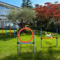 PawHut Dog Pet Agility Training Kit High Jump Weave Pole Ring Obedience Training Set Adjustable Equipment Portable(m-8)