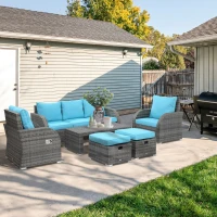 Outsunny 6 Pieces Patio Furniture Set, Conversation Set Wicker Sectional Set Cushioned Outdoor Rattan 3-Seat Sofa, 2 Adjustable Recliners, 2 Footstools & Table Set for Lawn Garden Backyard, Sky Blue(m-9)