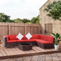 Outsunny 7 Pieces Patio Wicker Sofa Set, Outdoor PE Rattan Sectional Conversation Furniture Set w/ Tempered Glass Coffee Table & Cushion for Garden, Backyard, Red(m-8)