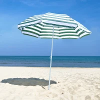 Outsunny 6FT Round Beach Umbrella with Tilt Mechanism, Outdoor UV Protection Sun Shaded Canopy with Push Button, Striped Green(m-8)