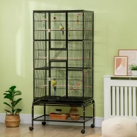 PawHut 71" Bird Cage with Wheels Perches, Ramp, Storage Shelf, Toys for Canaries, Finches, Cockatiels, Parakeets, Black(m-8)