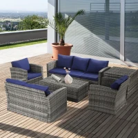 Outsunny 6 Pieces Wicker Patio Furniture Set with Cushions, 7-Seater Rattan Patio Sofa Set with Storage Coffee Table & Side Table, Sectional Outdoor Furniture Set, Blue(m-11)