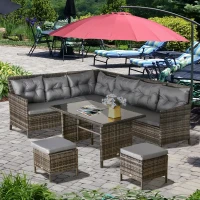 Outsunny 6pcs Outdoor Rattan Sofa Set Garden Wicker Sectional Couch Furniture Set with Dining Table and Chair Dark Grey(m-7)