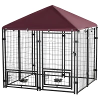 PawHut Outdoor Dog Kennel, Lockable Pet Playpen Crate, Welded Wire Steel Fence, Rotating Bowl Holders, Red(m-11)