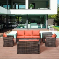 Outsunny 6 Piece Outdoor Rattan Wicker Sofa Set Sectional Patio Conversation Furniture Set w/ Storage Table & Cushion Orange(m-11)