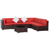Outsunny 7 Pieces Patio Wicker Sofa Set, Outdoor PE Rattan Sectional Conversation Furniture Set w/ Tempered Glass Coffee Table & Cushion for Garden, Backyard, Red(m-11)